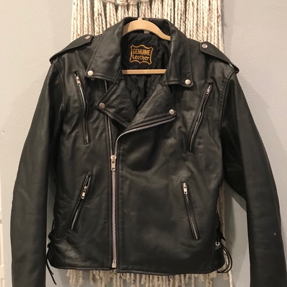 Leather moto jacket with tie up detail on side